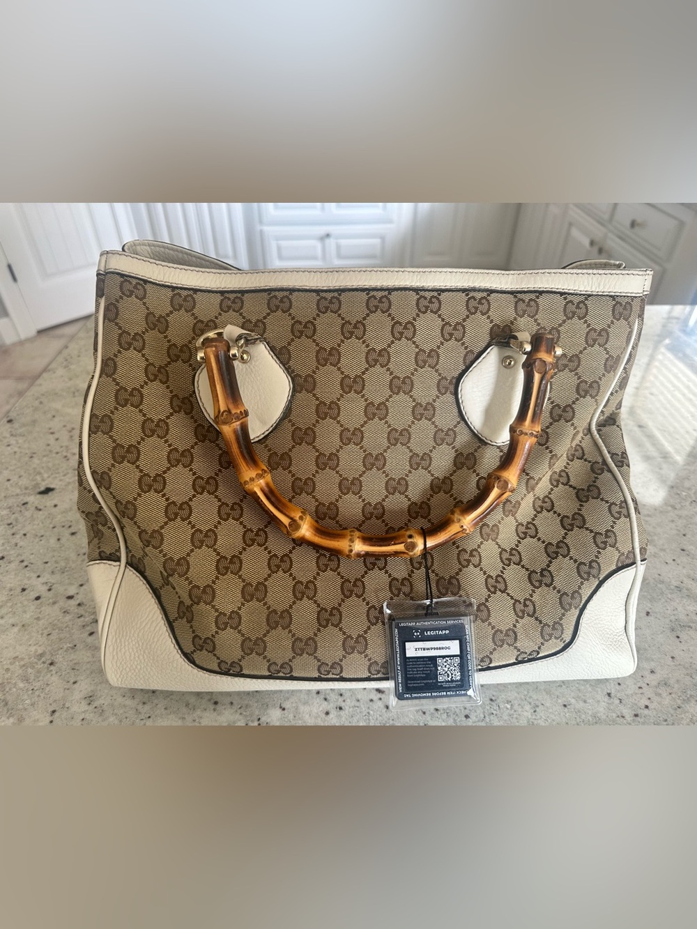 🧸 Auth Gucci GG Canvas Tote, White Leather Trim, Bamboo Handles - a showpiece!